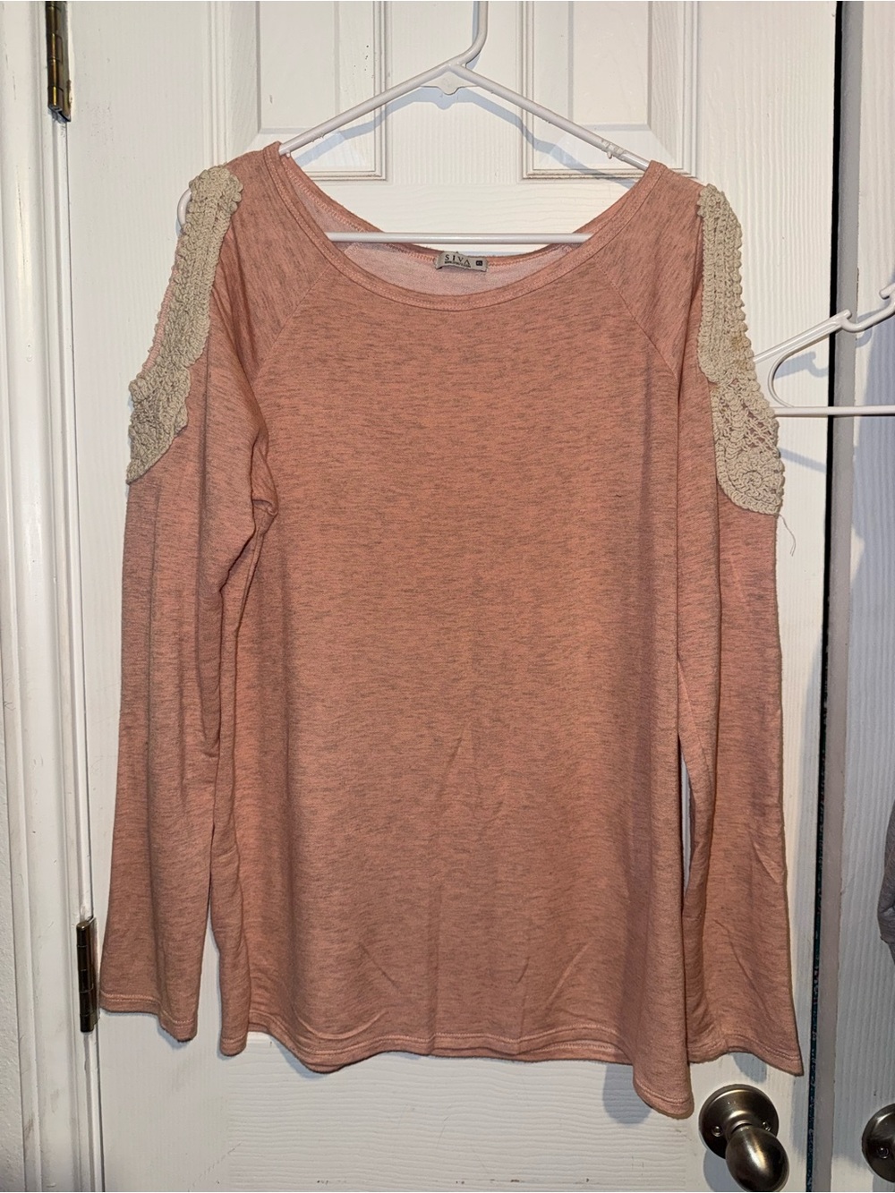 Crochet-Trim Cold Shoulder Long Sleeve Top - Blush Pink